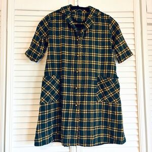 Vintage 1960s 1970s Girl’s Green and Yellow Plaid Wool Dress